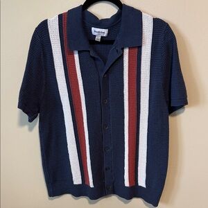 Goodfellow & Co Men's Navy Waffle Knit Shirt with Burgundy and White Stripes
